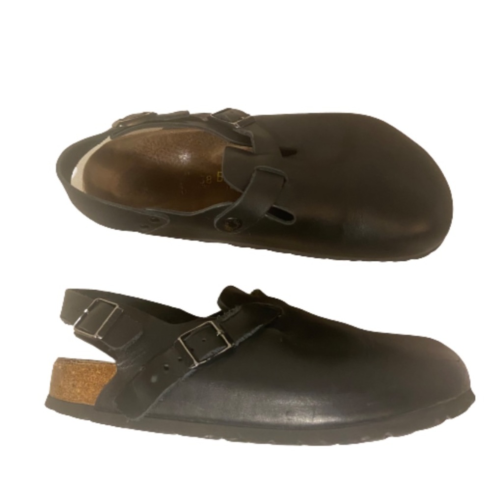 Birkenstock Clogs Comfort Flat Slingback Black Leather Mules L7/M5 Plantar sz 38